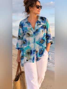 JM Collection Linen Blend Floral Button-Up Tunic Blouse Women’s Large